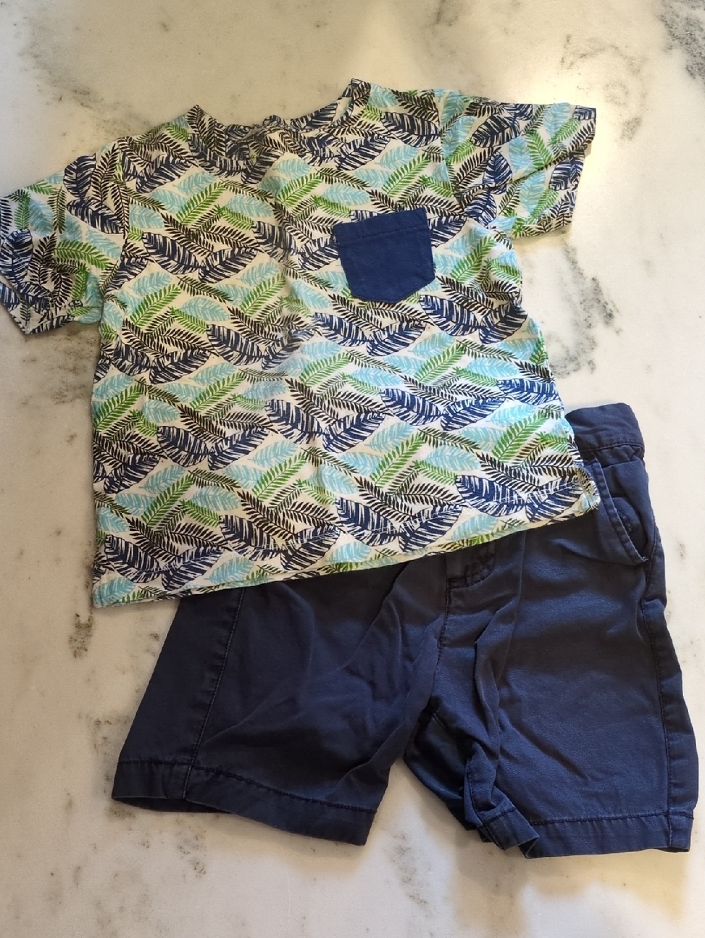 Peek Boys Tropical Leaf Outfit Set Sz 4-5 Navy Shorts EUC